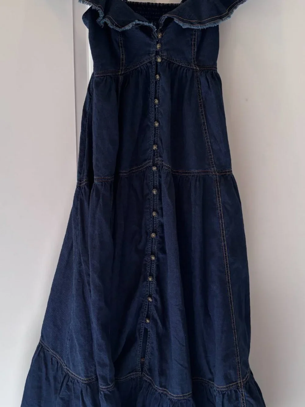 Anthropologie Pilcro Navy Denim Button-Front Ruffle Maxi Dress - Picture 4 of 8